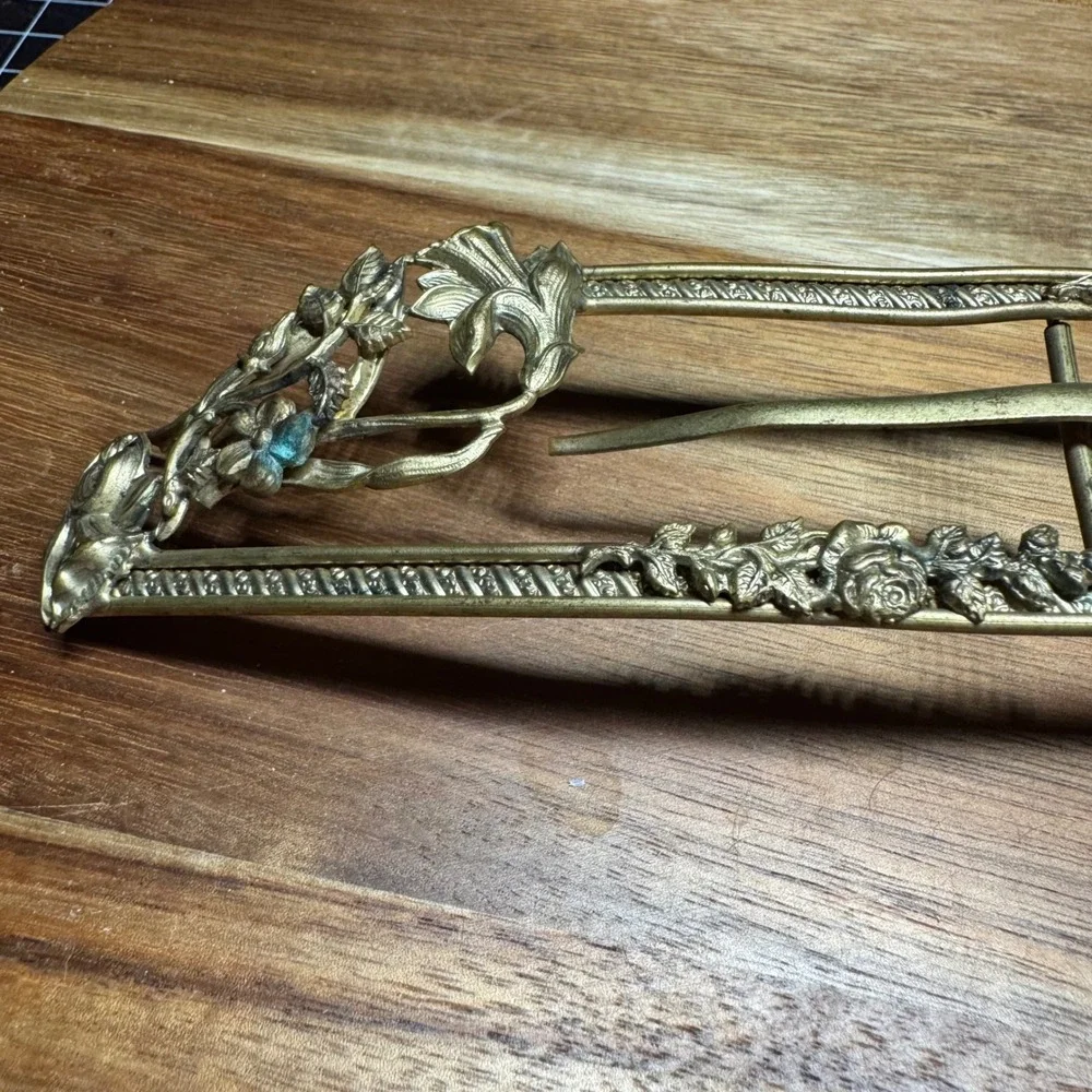 Vintage Art Nouveau Brass Floral Sash Buckle Ornate Lily Rose Edwardian Style